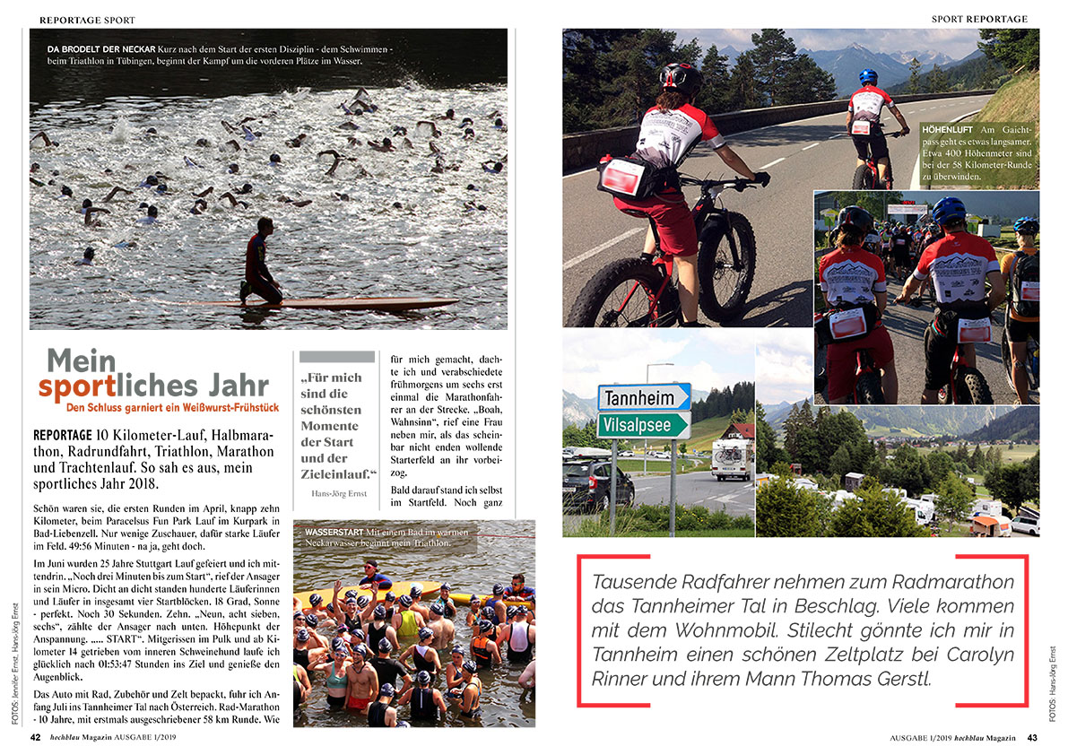 hochblau Magazin 1/2019 - Auszug Seiten 42-45: Reportage: Mein sportliches Jahr | © hochblau Verlag Hans-Jörg Ernst