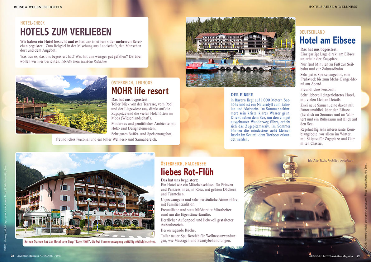 hochblau Magazin 1/2019 - Auszug Seiten 22-23: Hotel-Tipps: Hotels zum Verlieben