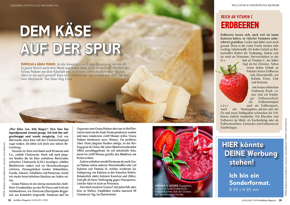 hochblau Magazin 1/2019 - Auszug Seiten 24-25: Ernährung: Dem Käse auf der Spur und Erdbeeren | © hochblau Verlag Hans-Jörg Ernst