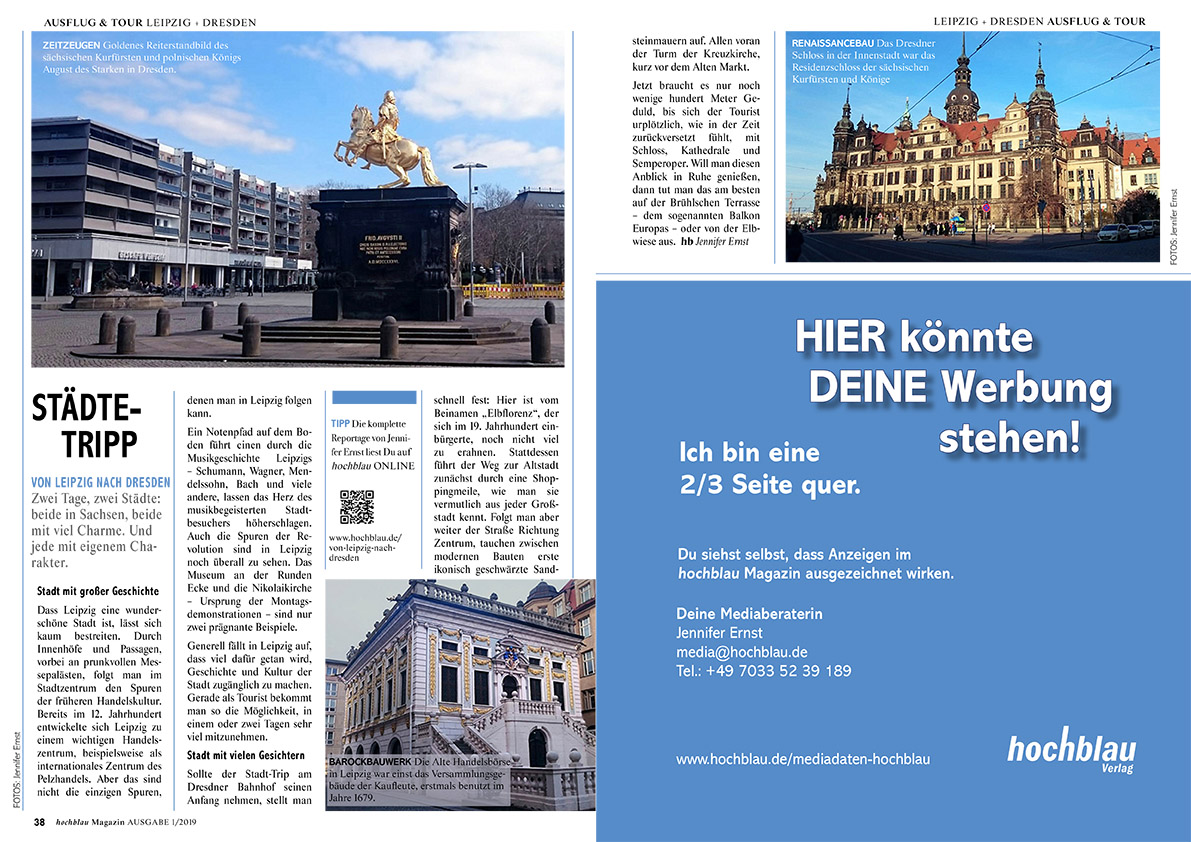 hochblau Magazin 1/2019 - Auszug Seiten 38-39: Reportage: Von Leipzig nach Dresden | © hochblau Verlag Hans-Jörg Ernst