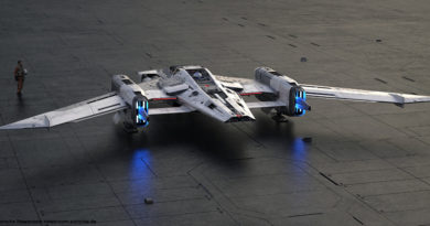 Modell des Fantasie-Raumschiff „Tri-Wing S-91x Pegasus Starfighter“