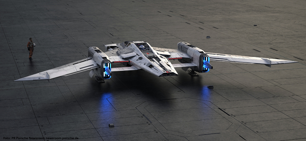 PORSCHE UND LUCASFILM Modell des Fantasie-Raumschiff „Tri-Wing S-91x Pegasus Starfighter“