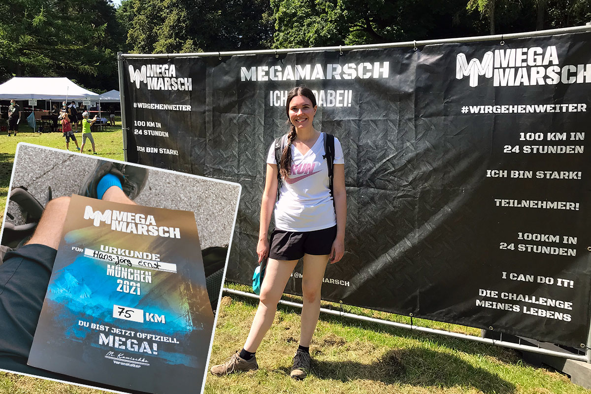 Megamarsch München wir sind da! Jenny posiert im Starbereich. Hans Jörg mit der Urkunde nach 75 km am Ausstieg.