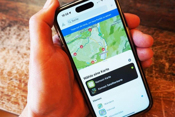 Routenplanung mit der Komoot-App, wie hier mit der Premium-Funktion "Sportspezifische Karten"