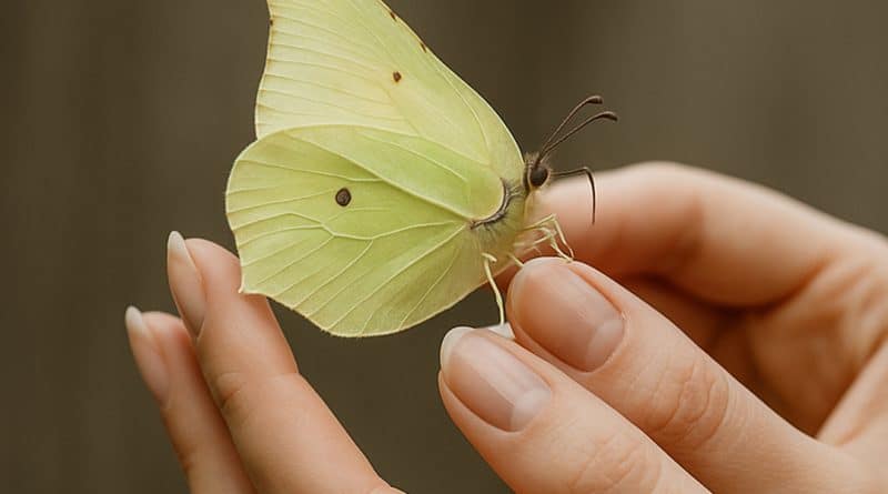 Ein gelber Zitronenfalter ist auf den Fingern einer Frau gelandet. Eine Szene die vollkommene Harmonie ausstrahlt.